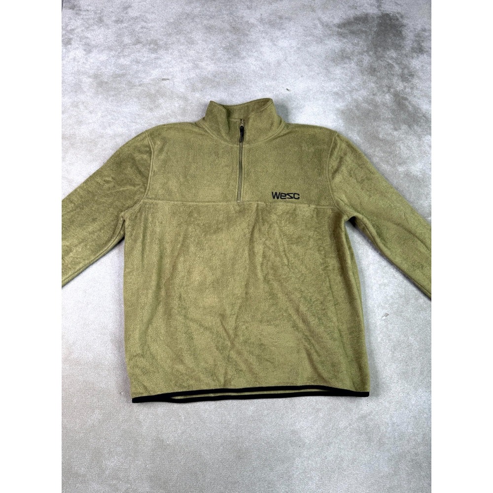 WeSC Fleece Jacket Mens Olive Green Soft Cozy Mock Neck Embroidered 1/4 Zip
